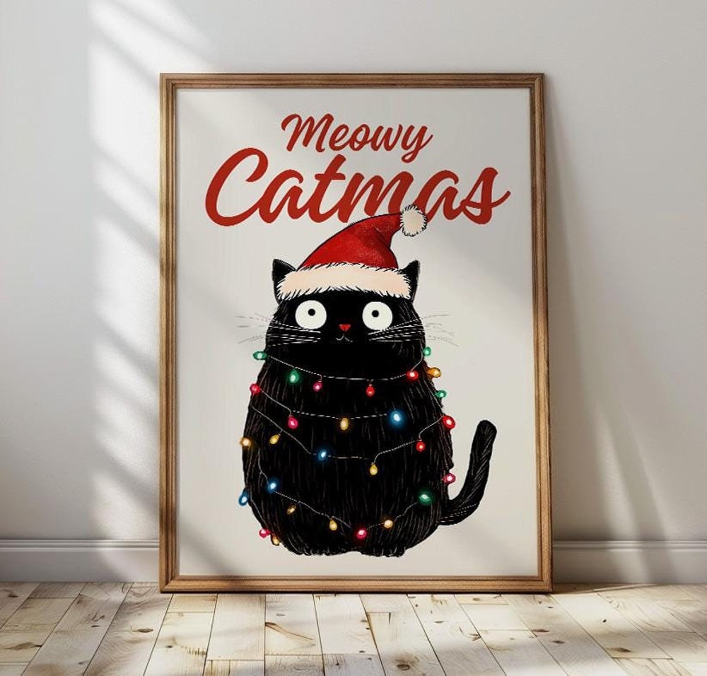 Christmas Black Cat Lights Funny Meowy Catmas Print - Cat Memorial Gift Shop