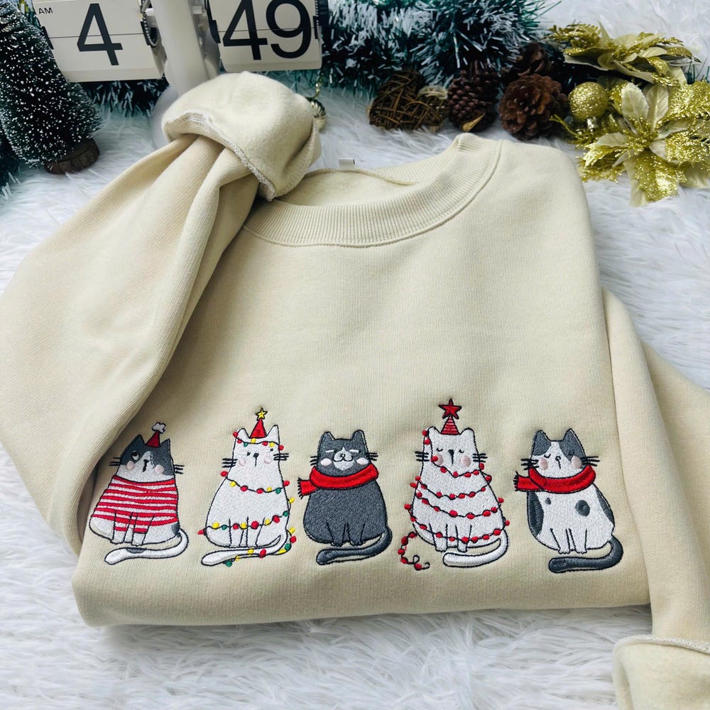 Christmas Cute Cat Embroidered Clothing - Cat Memorial Gift Shop