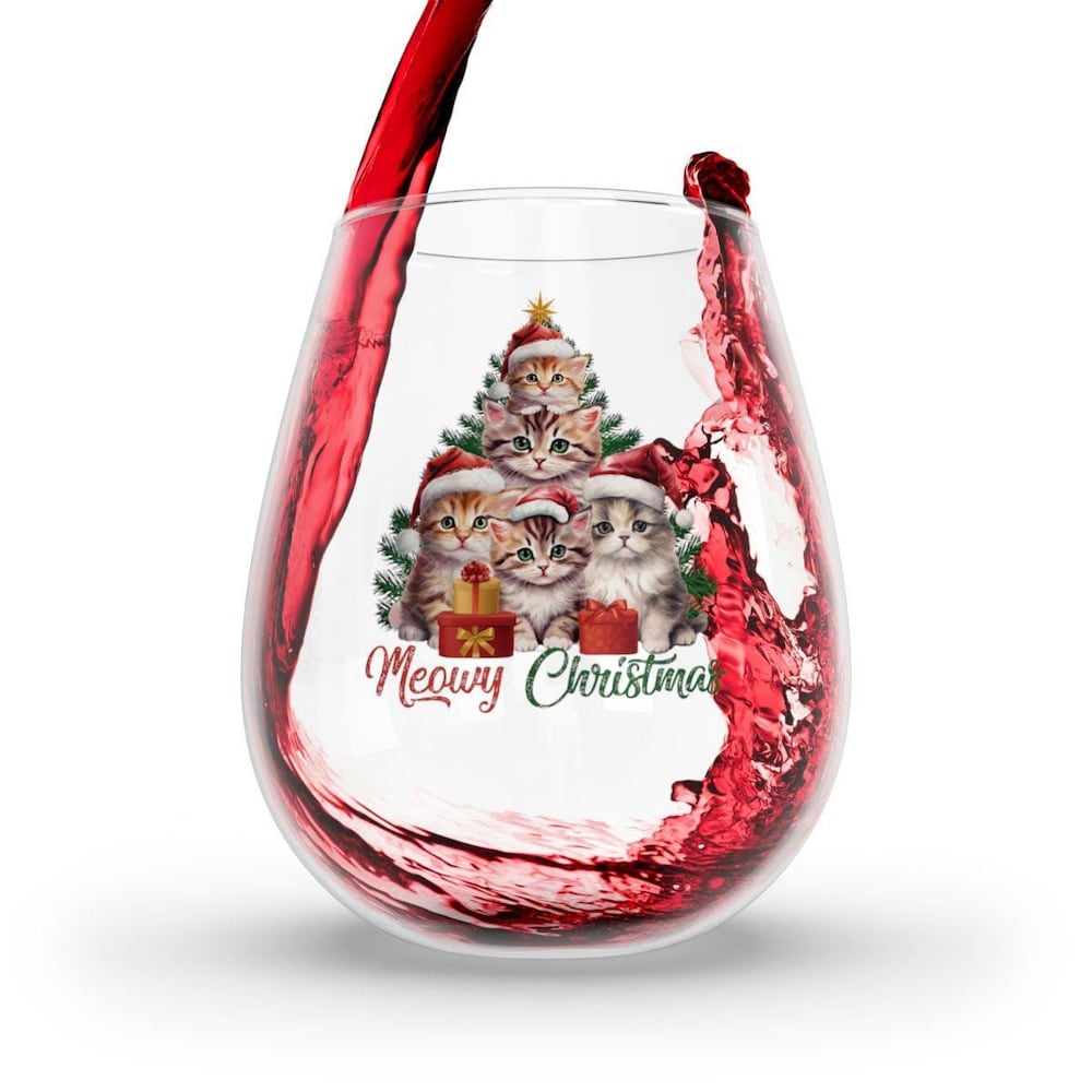 Meowy Christmas Stemless Wine Glass - Cat Memorial Gift Shop